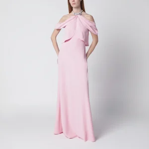 Abito lungo rosa con spalle scoperte