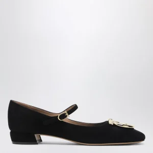 Ballerina con tacco Gancini nera in suede