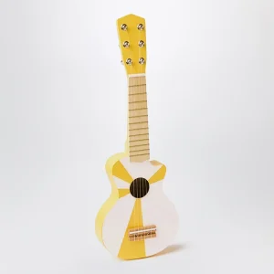 Chitarra giocattolo in legno gialla e bianca