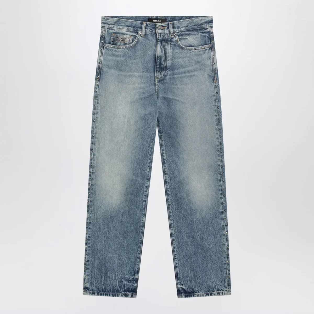 Jeans blu effetto slavato con piccole borchie – Image 2