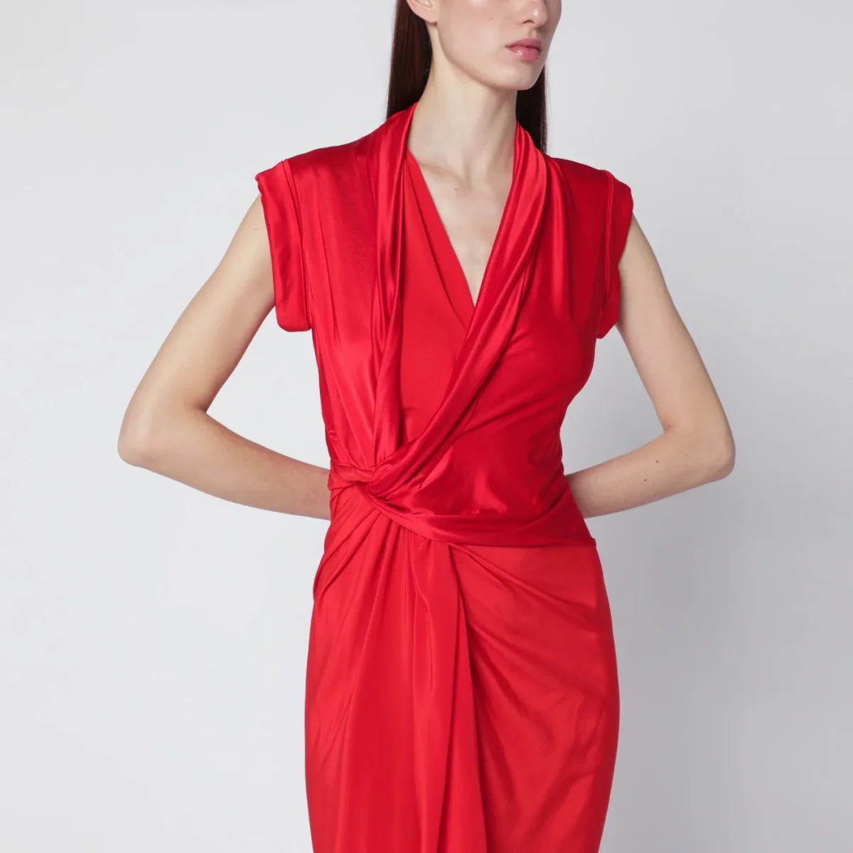 Abito intrecciato rosso in jersey lucido – Image 5