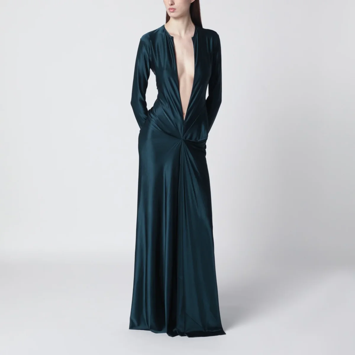 Abito lungo verde acqua scuro con zip frontale – Image 3