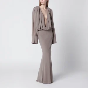 Abito lungo in chiffon color taupe
