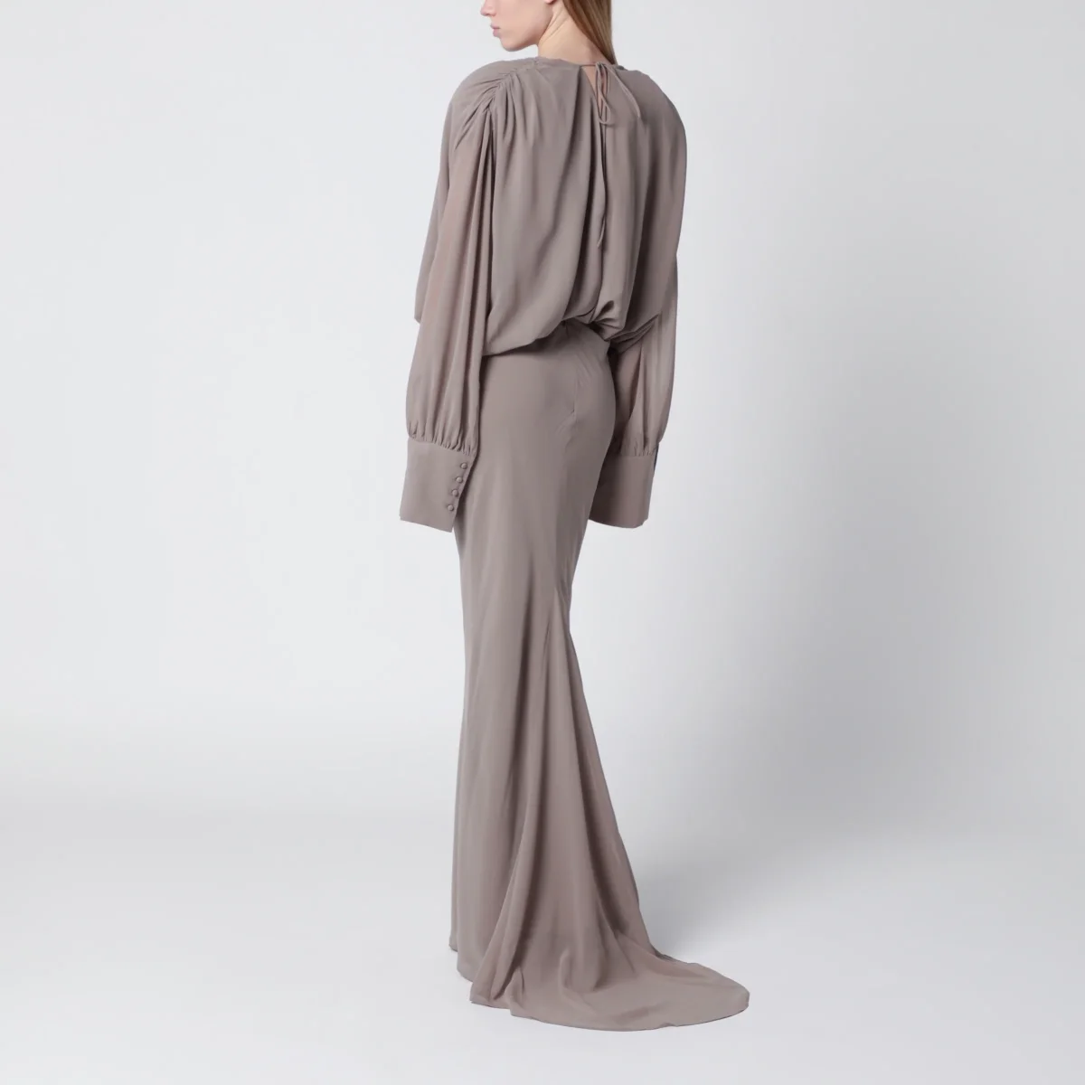 Abito lungo in chiffon color taupe – Image 4