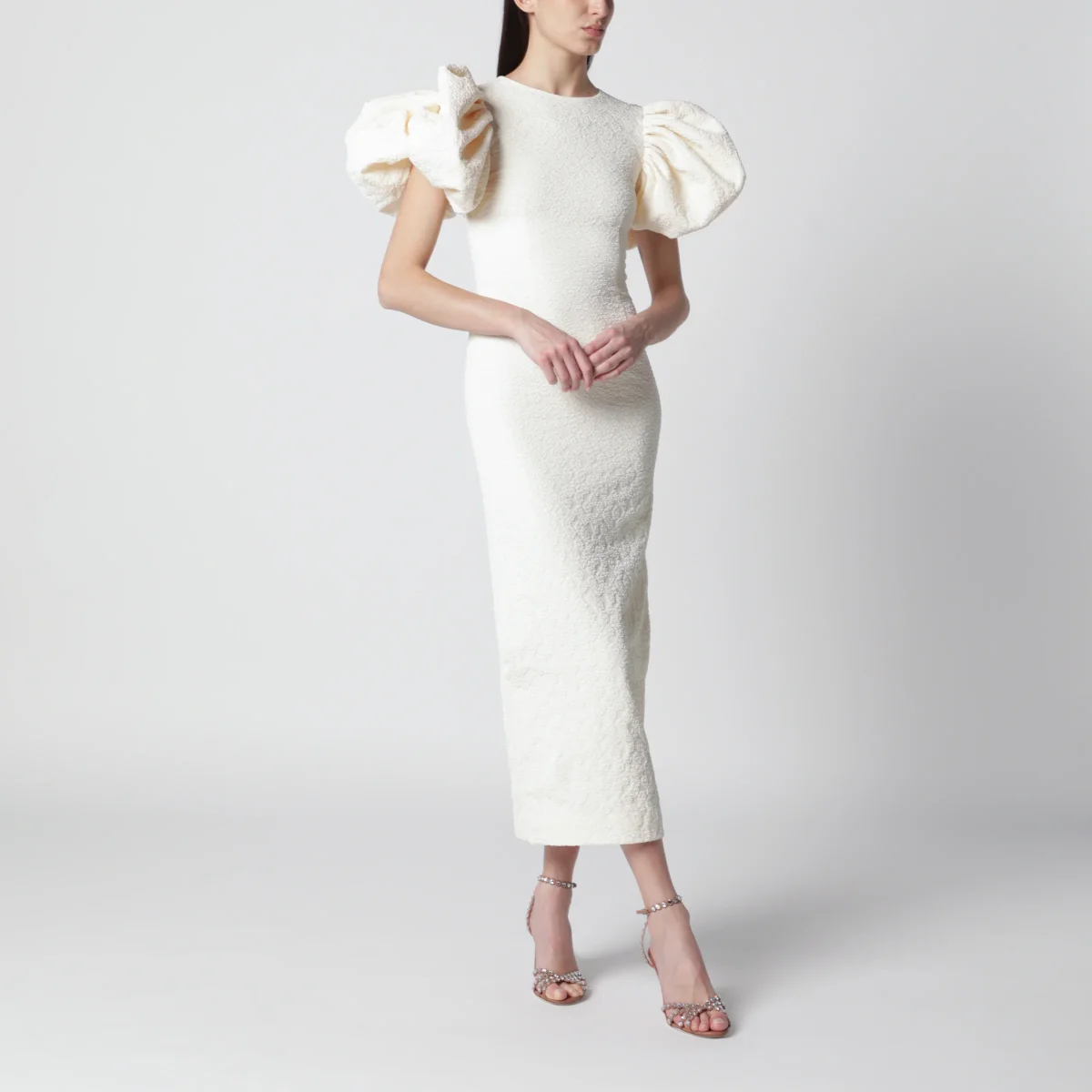 Abito midi a palloncino in jacquard bianco – Image 3