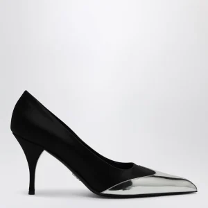 Décolleté nero in raso e pelle metallizzata