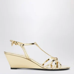 Sandalo con zeppa in pelle platino