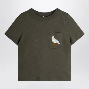 T-shirt nera slavata con ricamo gabbiano