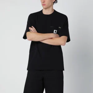 T-shirt nera in cotone con patch logo