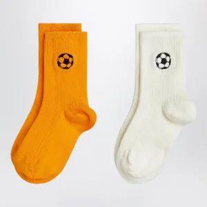 Due paia di calzini con ricamo palla da calcio bianco/arancione