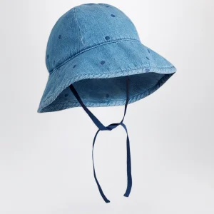 Cappello blu in denim a pois