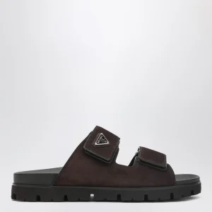 Sandali a fasce in pelle scamosciata color moro