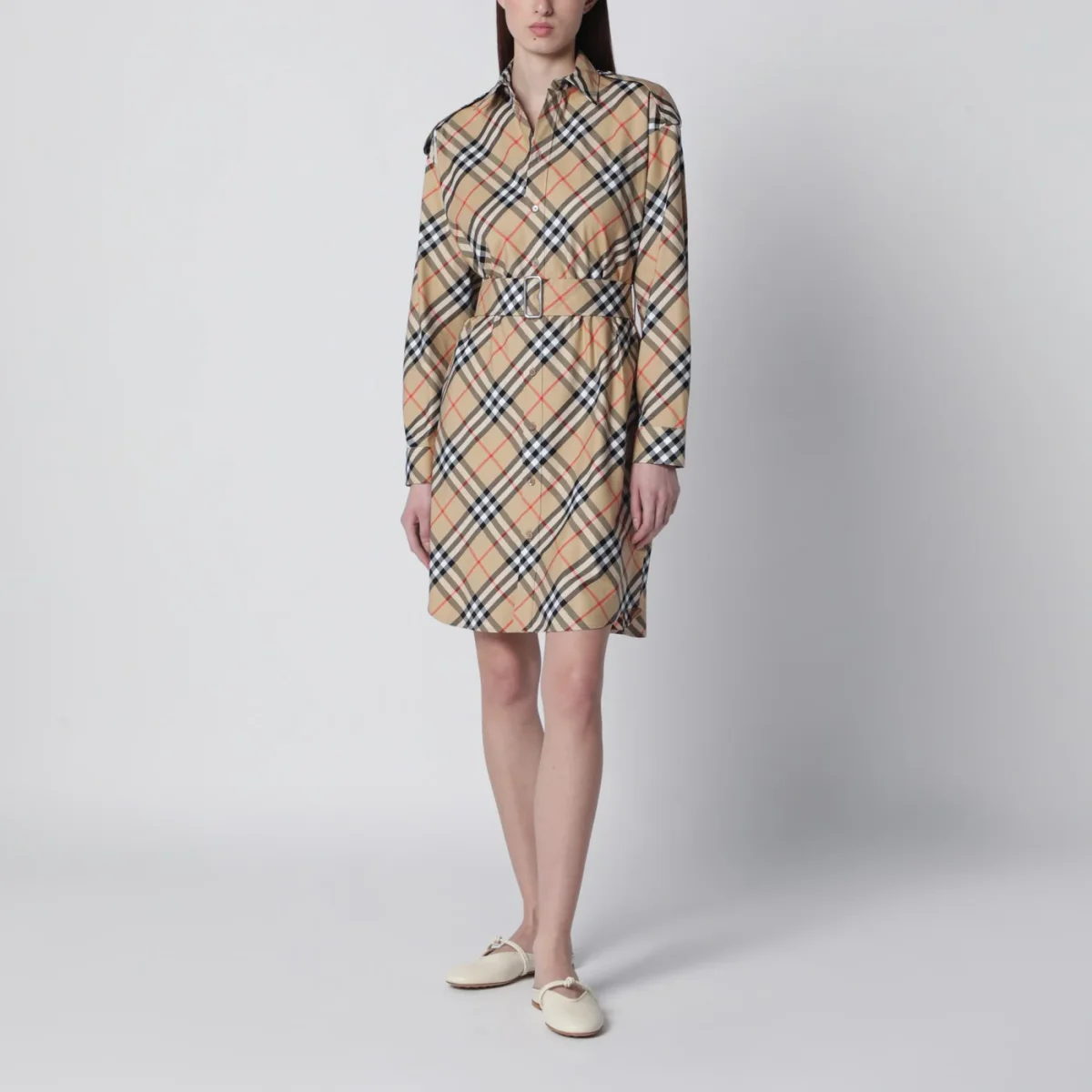 Abito chemisier beige motivo Check - Image 3