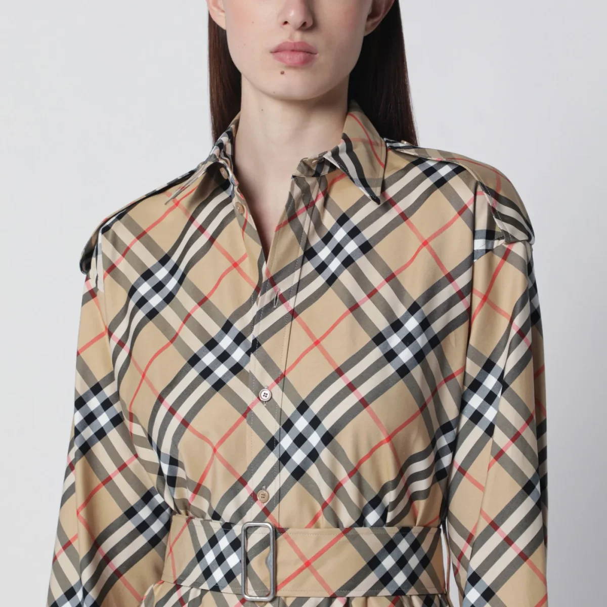 Abito chemisier beige motivo Check - Image 6