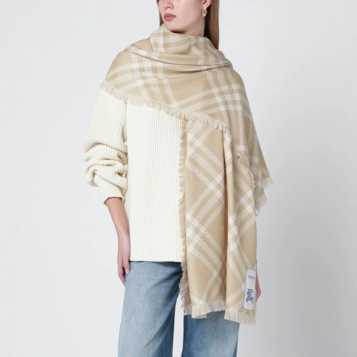 Sciarpa in seta e lana Check beige/écru - Image 3