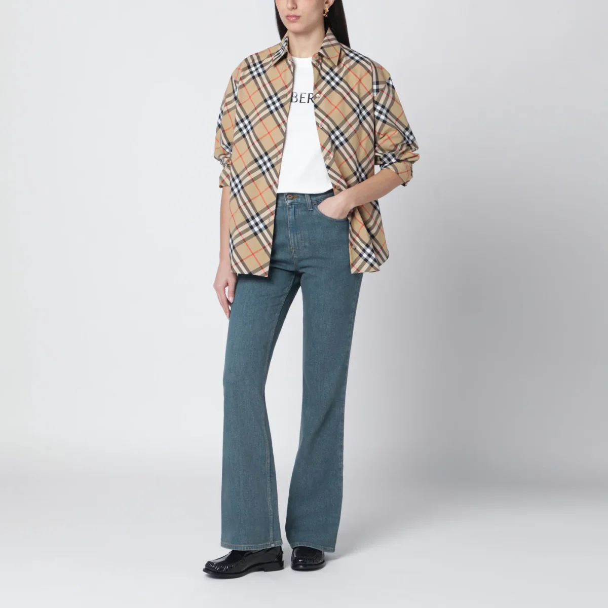 Jeans blu medio con tasca con motivo Check – Image 3