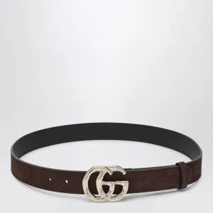 Cintura marrone in suede con fibbia GG Marmont bambù