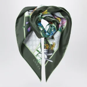 Foulard in twill di seta verde con stampa Flora