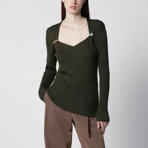 Maglia a coste con spille Prisma in cashmere e seta verde