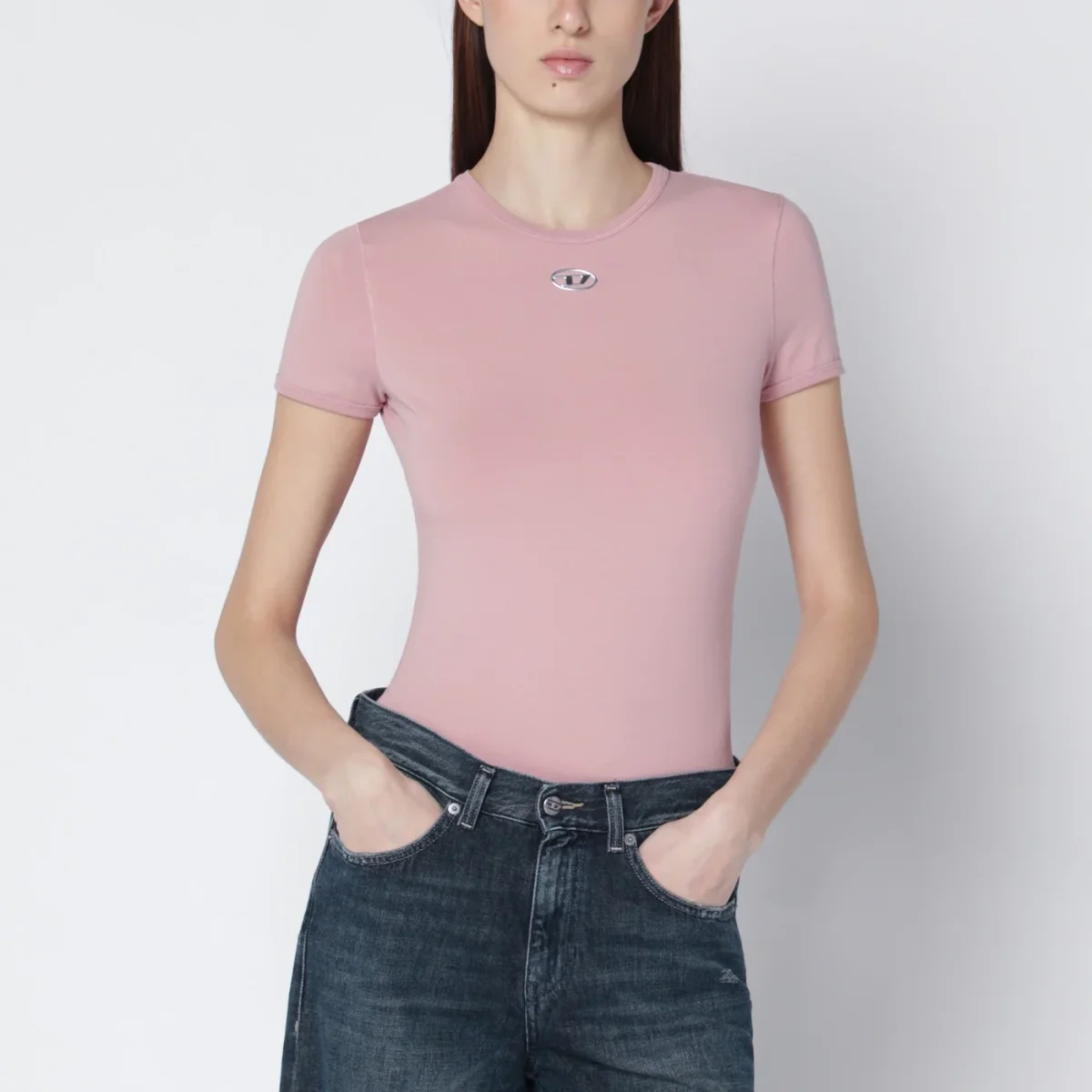 T-shirt slim fit rosa con logo Oval D