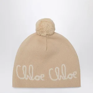 Berretto con pompon beige con logo