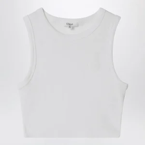 Top bianco a costine con ricamo logo