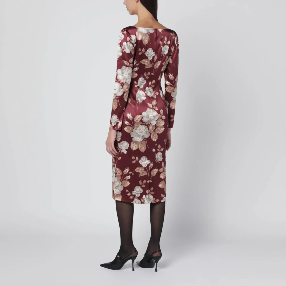 Abito bordeaux in raso con stampa floreale - Image 4