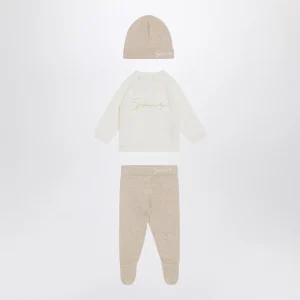 Set tre pezzi bianco/beige in cotone e cashmere