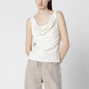 Top color panna in twill Fluid di viscosa e lino