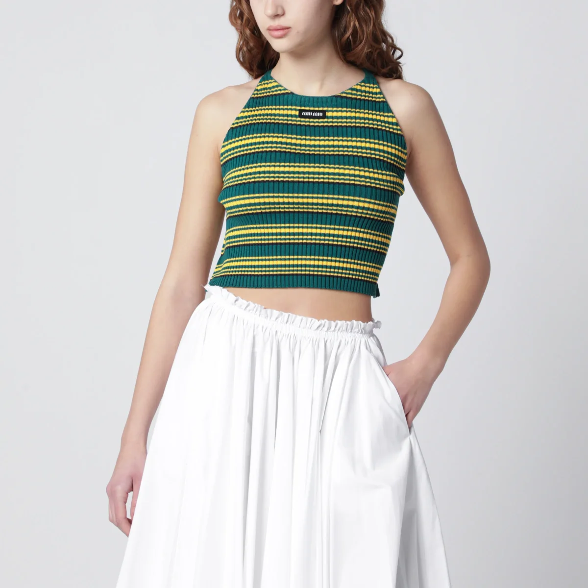 Top a righe verde bottiglia e giallo