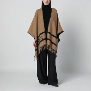 Poncho color cammello in lana jacquard