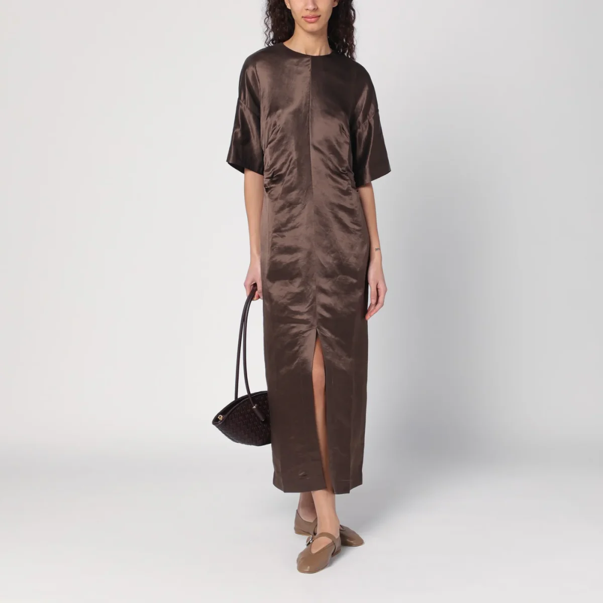 Abito lungo marrone in lino e seta – Image 3