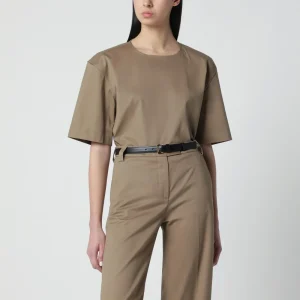 Top a maniche corte in cotone color cognac