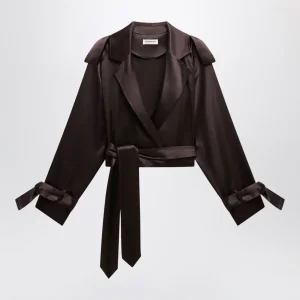 Trench corto Simona in raso marrone scuro