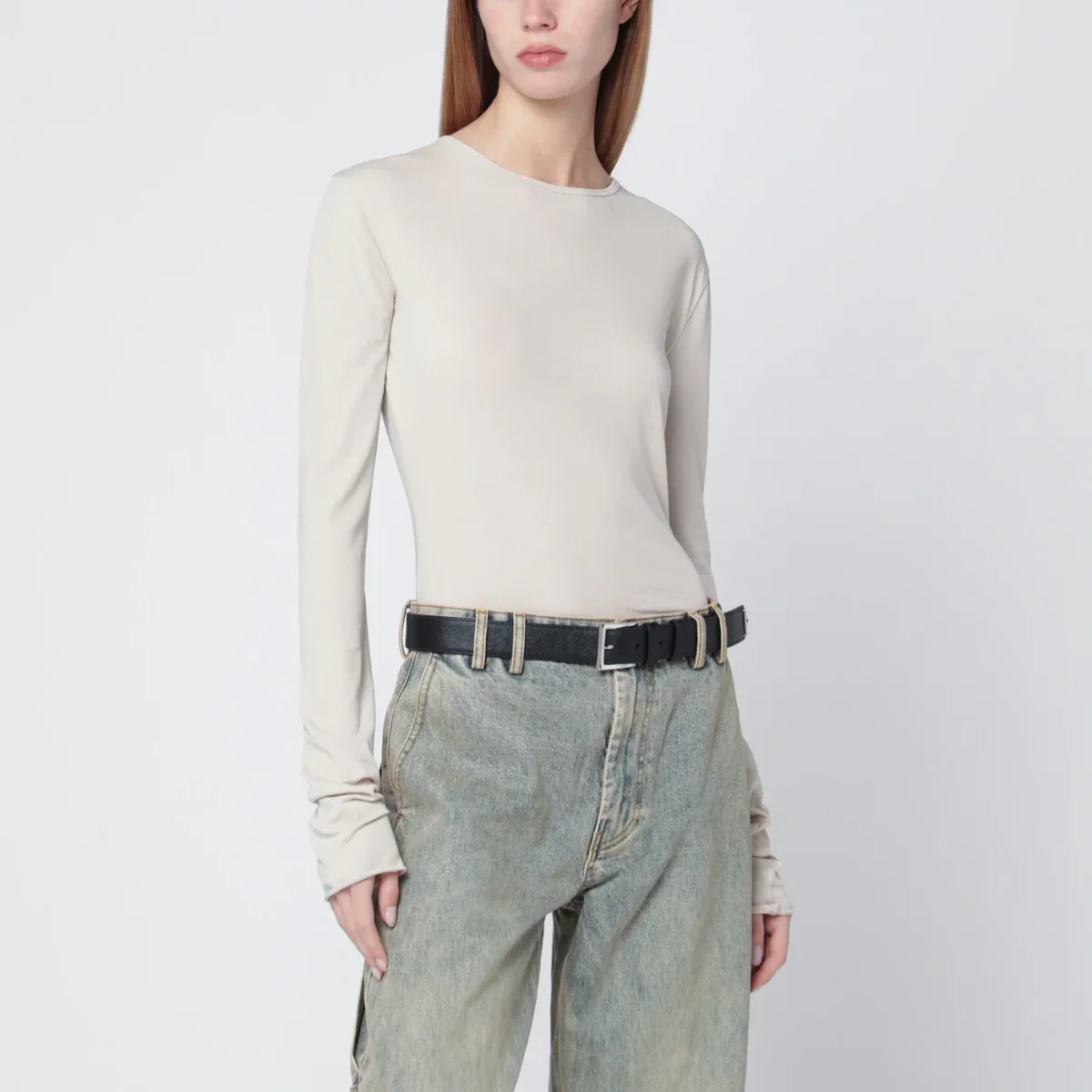 Maglia girocollo bianca in misto cotone